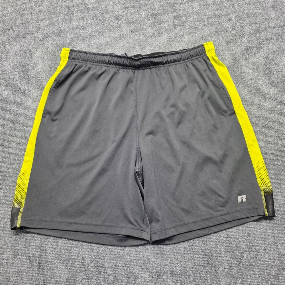 Russell Athletic Mens Dri-Power 360 Shorts Gray Neon Yellow Size L 36-38 Gym Run
